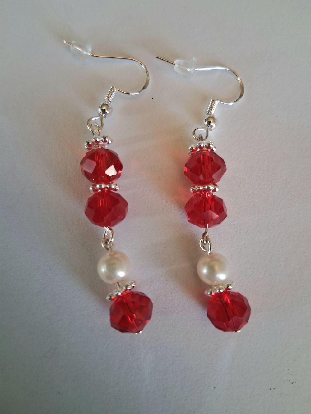 Red Beaded and Pearl Drop Earrings with Silver-Tone Accents - Women Jewelry